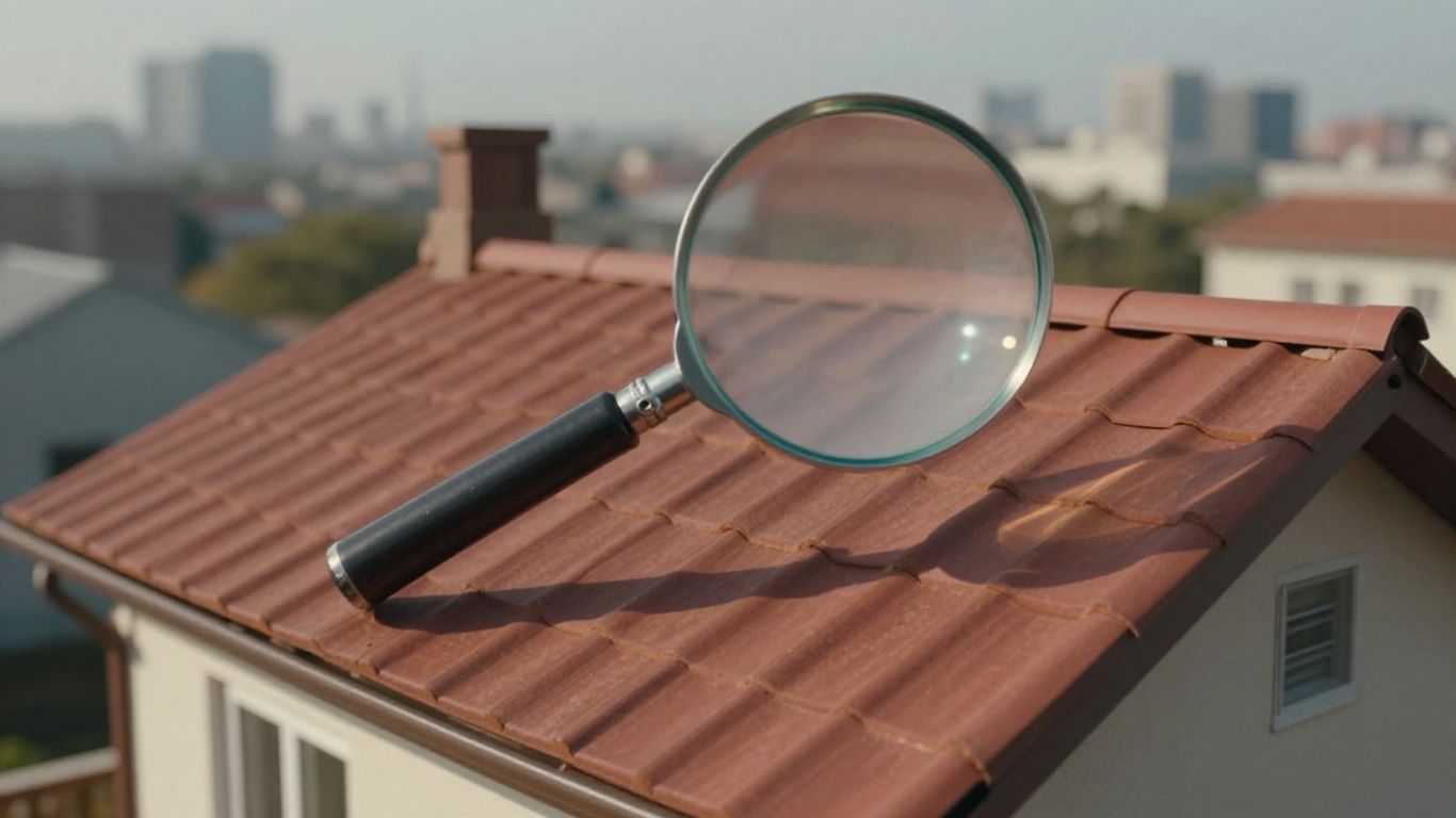 Casa con lupa examinando el techo, seguro hogar.
