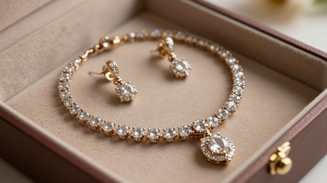 Sparkling diamond necklace and gold earrings in a jewellery box.