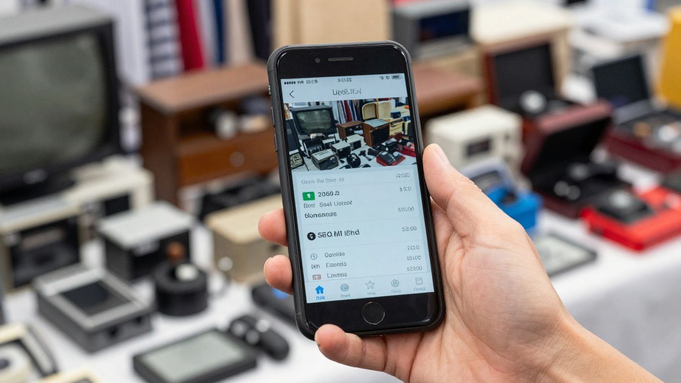 Hånd der holder telefon med priser på brugte varer