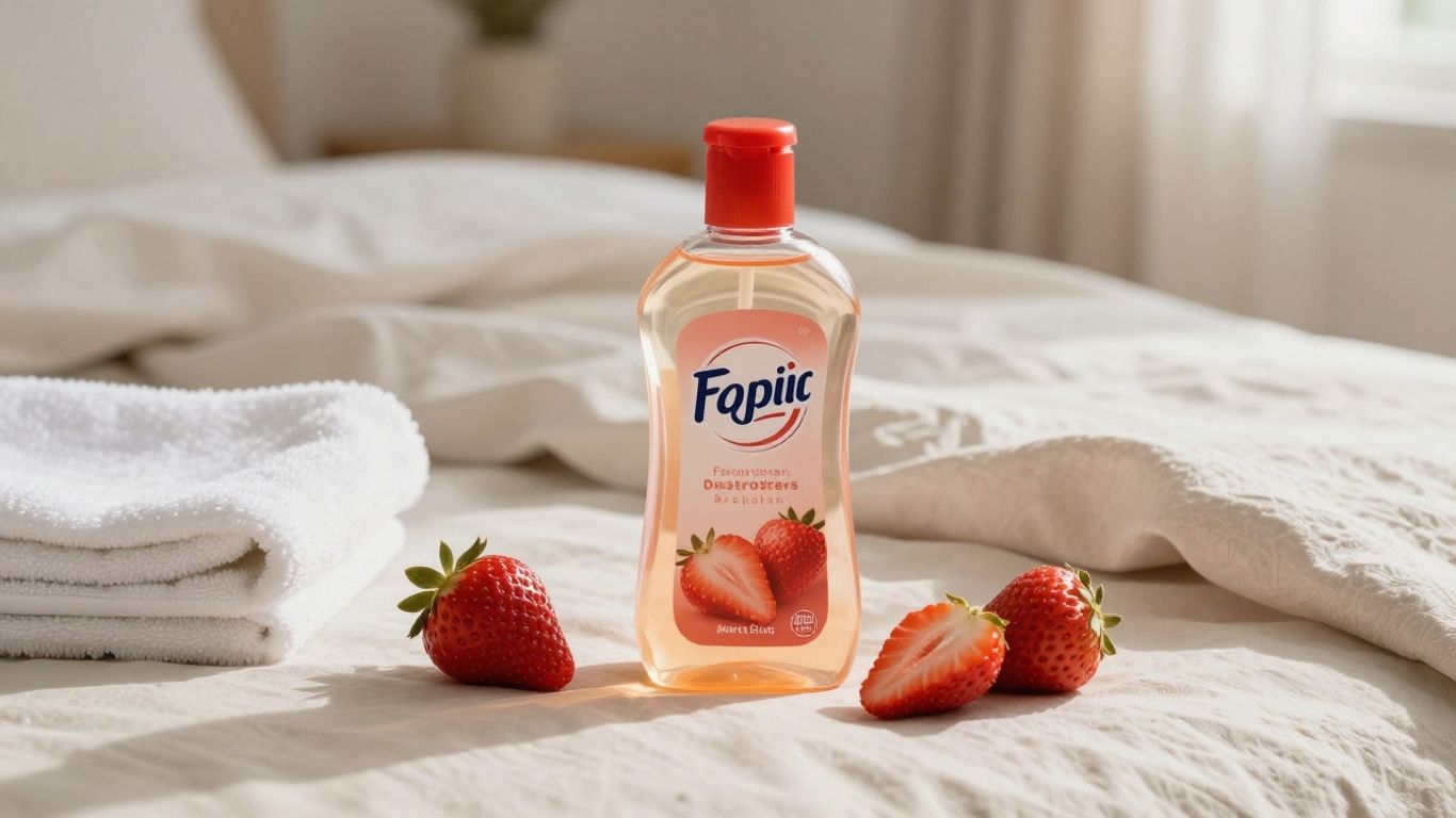 Colorful flavored lubricant bottle beside fruit and a towel