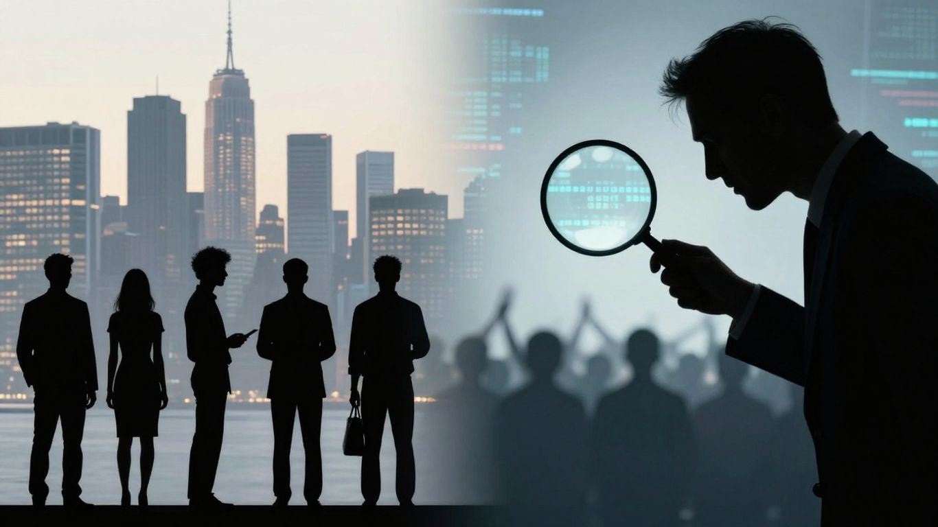 Diverse silhouettes and a shadowy figure manipulating data.