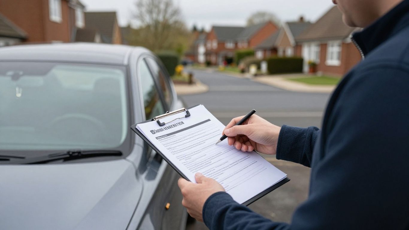 Driver reviewing car lease agreement beside vehicle