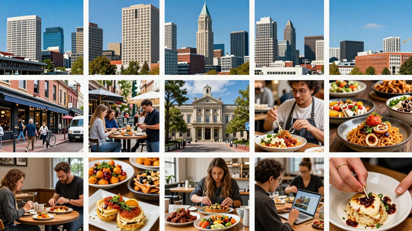 Portland skyline, food, architecture, and artists in vibrant collage.