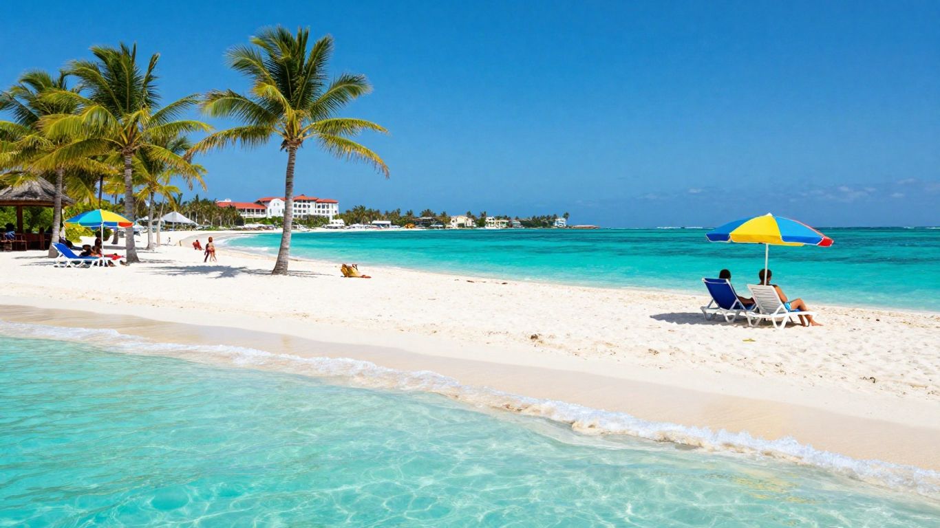 Couple relaxing on a tropical beach with resort in background.