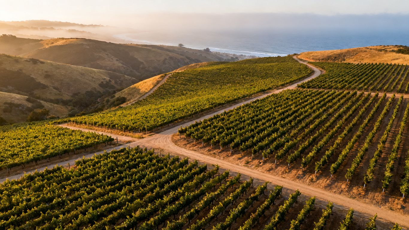 Aerial view of Monterey County vineyard rows