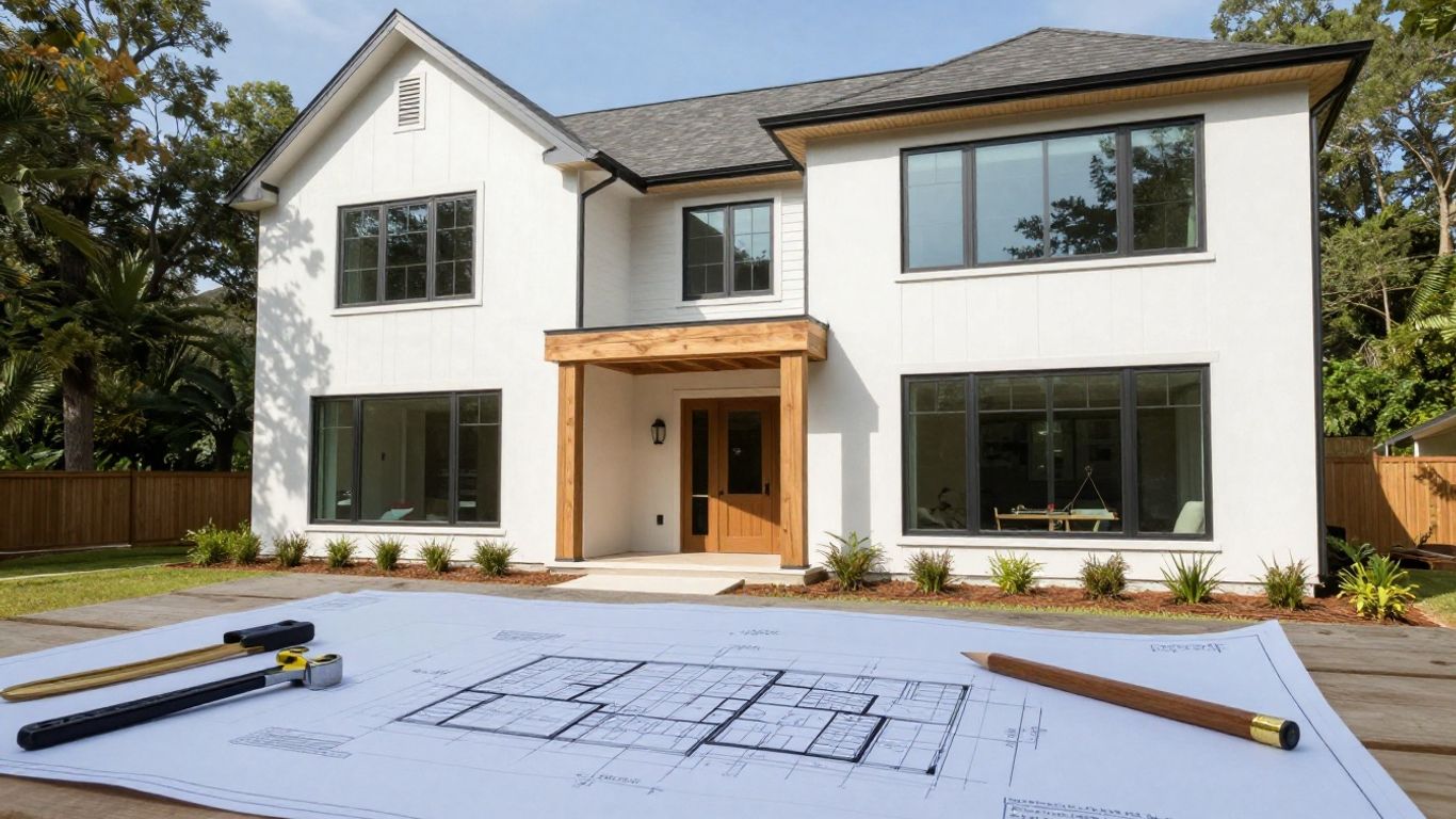 Dacula home addition construction with blueprints and tools.