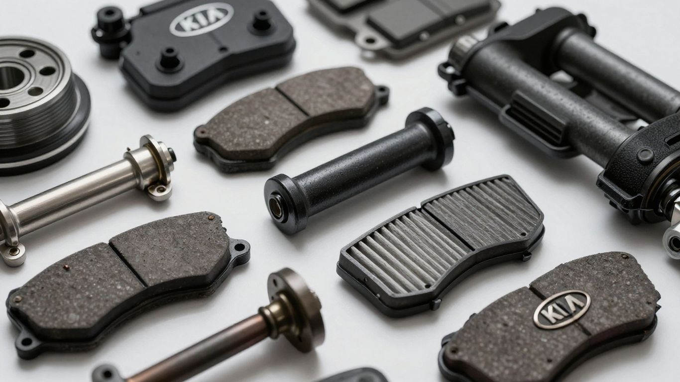 Genuine Kia car parts arranged neatly.