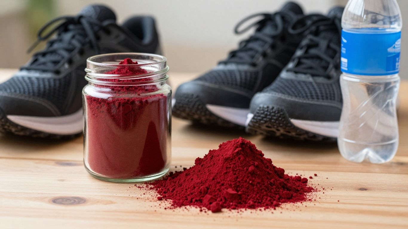 Beetroot powder with running shoes and water bottle.