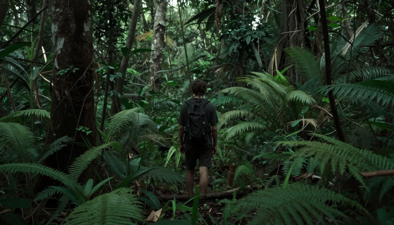 Um náufrago solitário explorando uma floresta densa e sombria após um acidente aéreo devastador