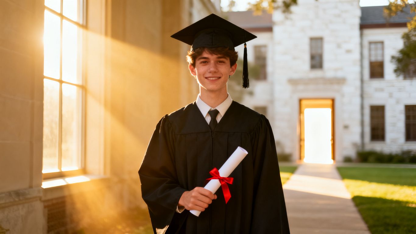 Student graduates, diploma in hand, walking towards a bright future.