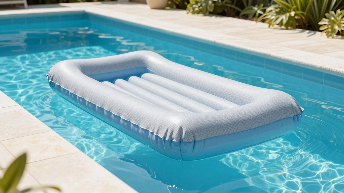 Text-covered inflatable float beside pool