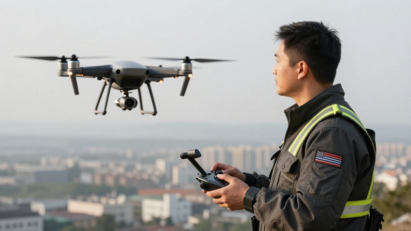 Professional drone pilot with controller and drone in flight.