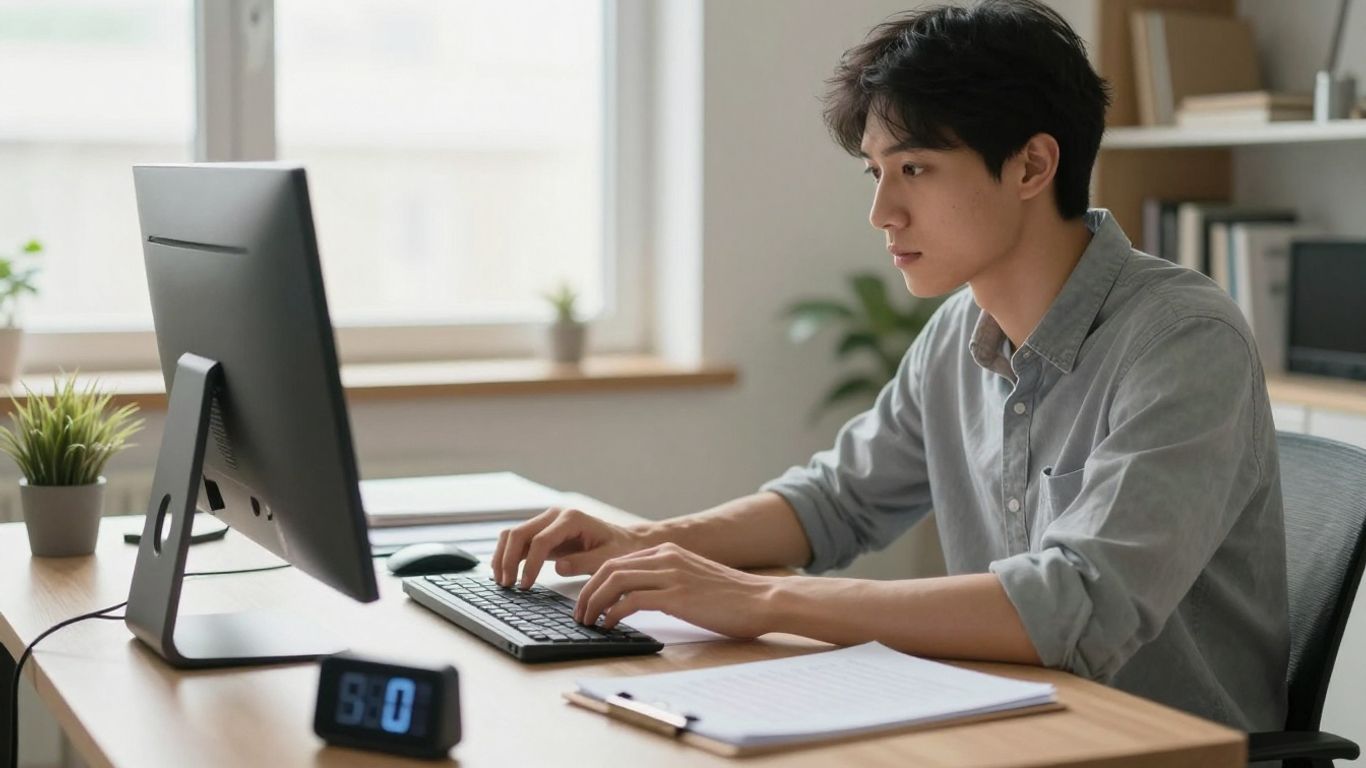Person working intently with a timer on desk.