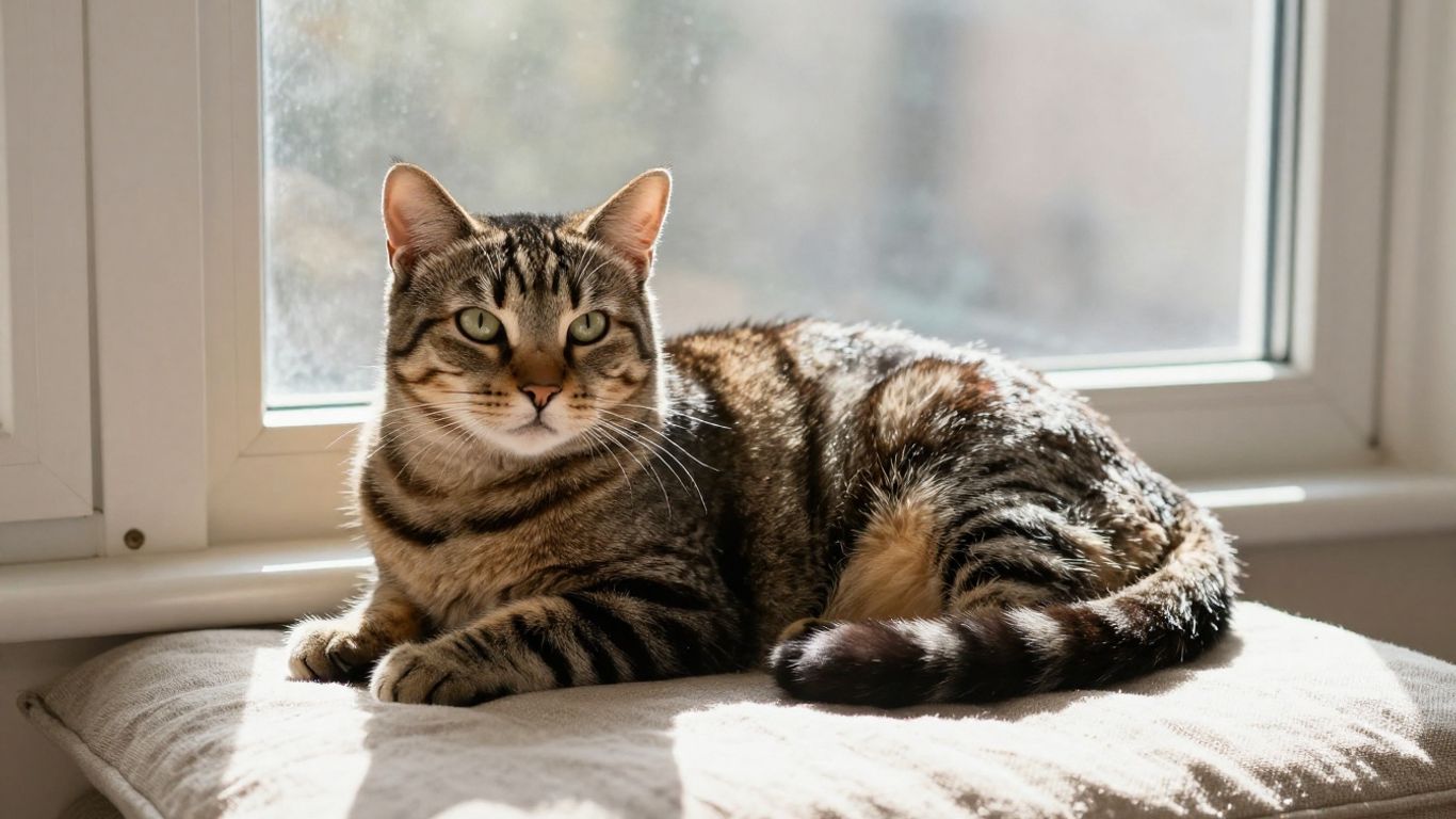 Tabby cat resting beside a sunlit window