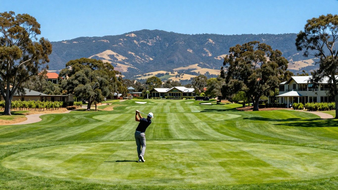Hunter Valley golf resort with vineyards and mountains.