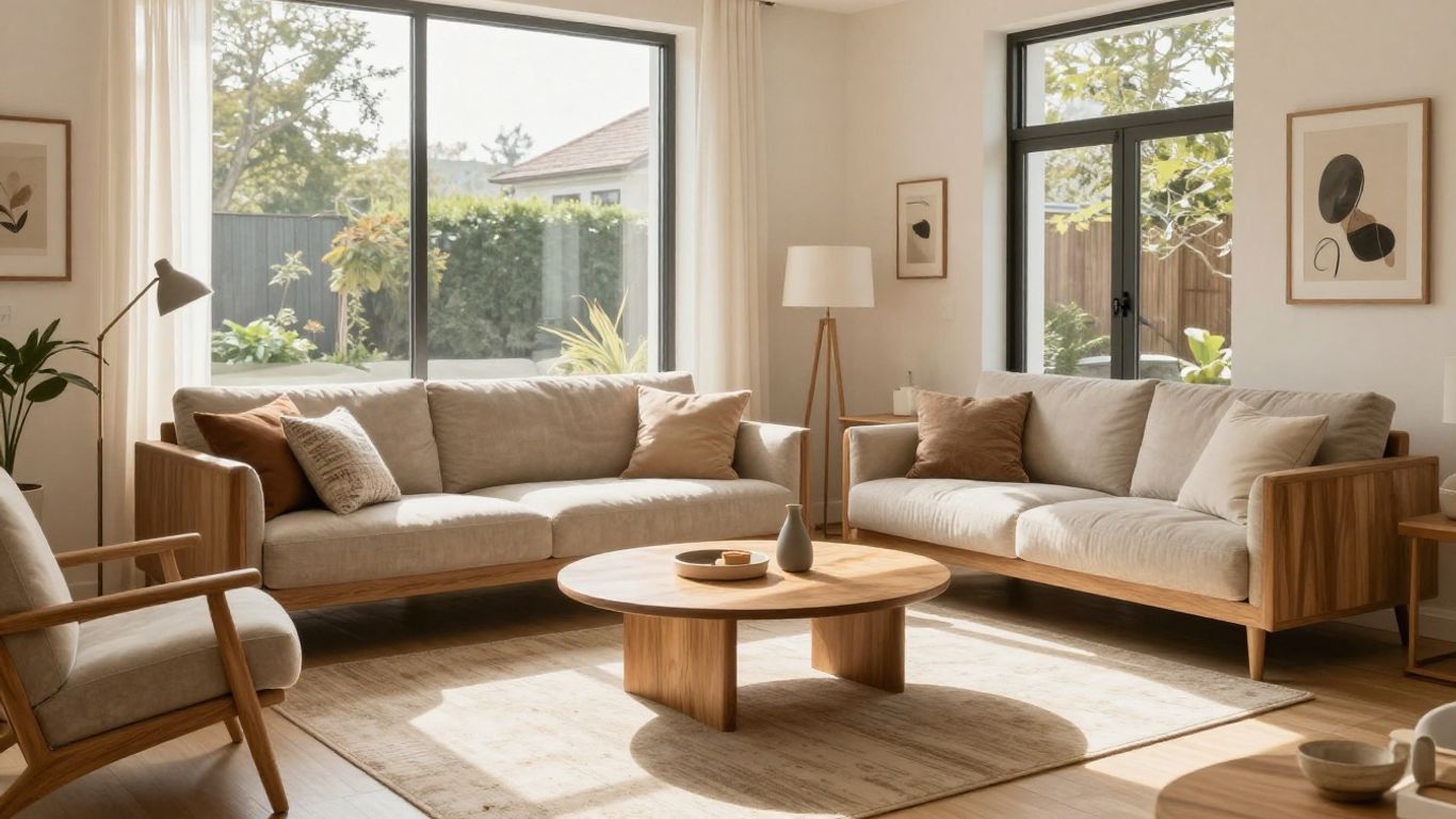 Mobilier modern în sufragerie, lumină naturală, canapea confortabilă.