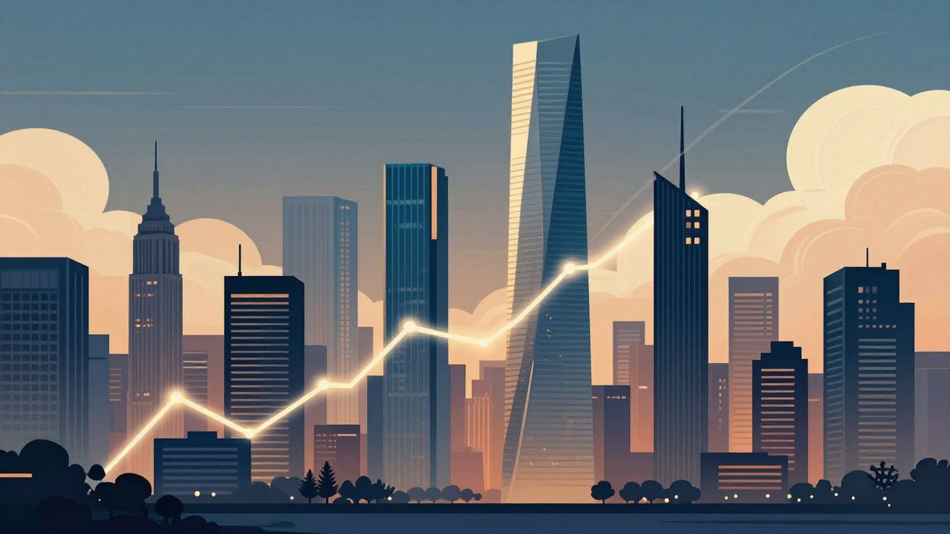 Banking league table competition with skyscrapers and light trails.
