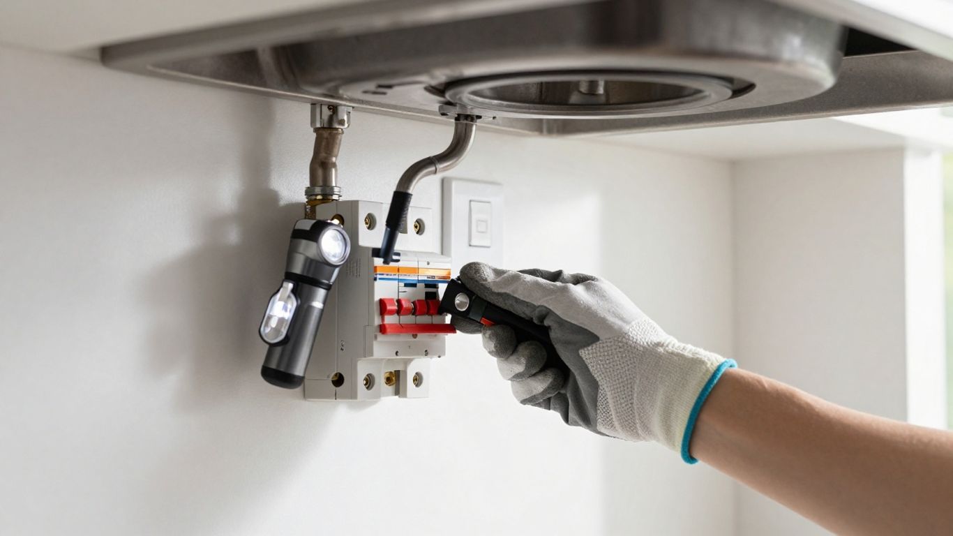 Flashlight illuminating a kitchen disposal opening