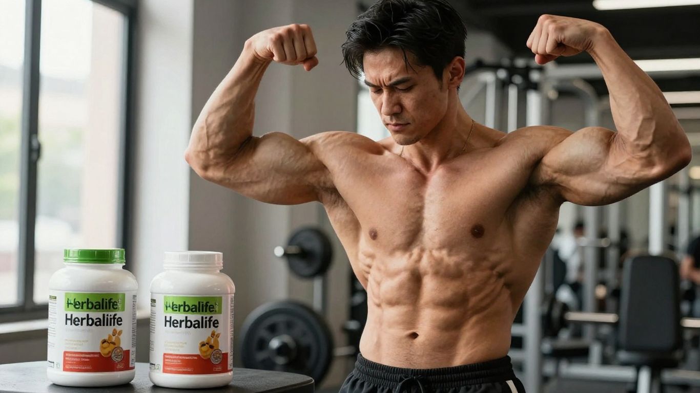 Bodybuilder with Herbalife products in gym