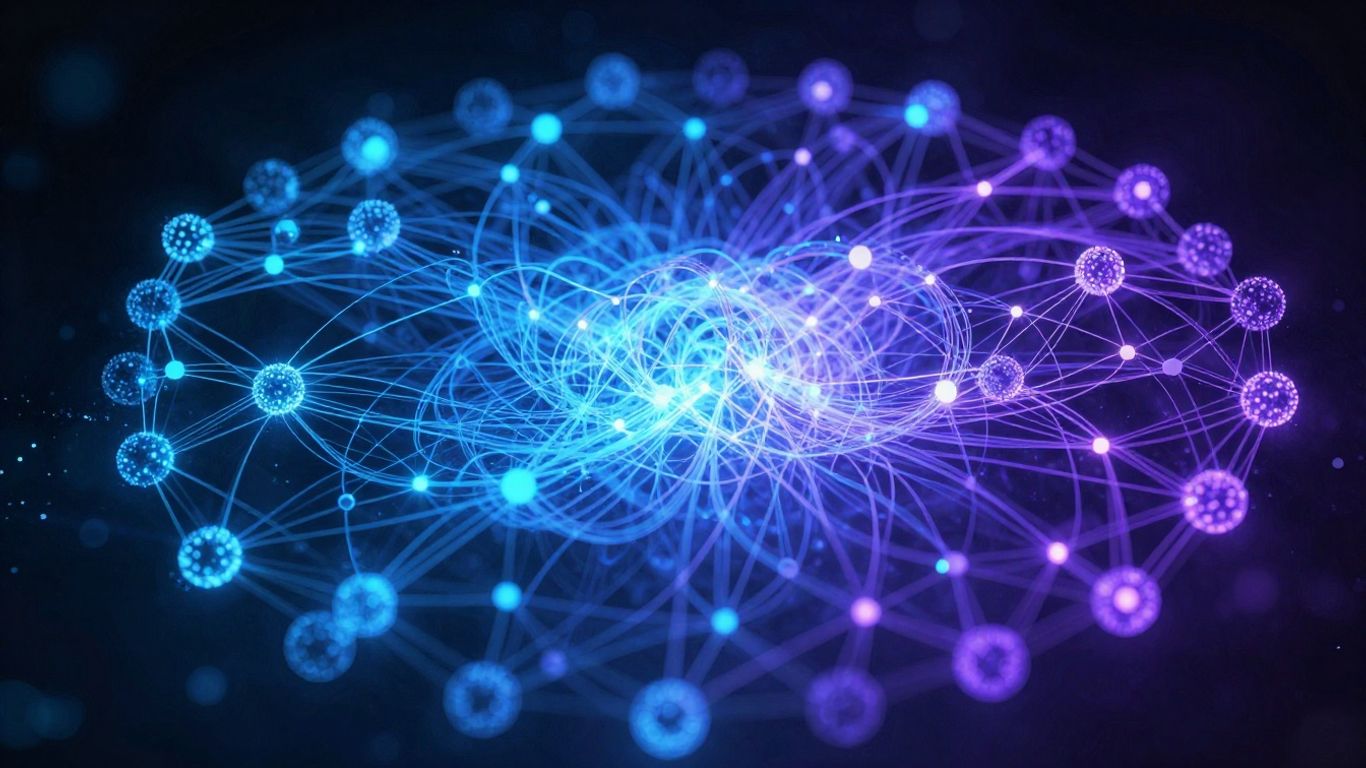 Abstract visualization of quantum computing particles.