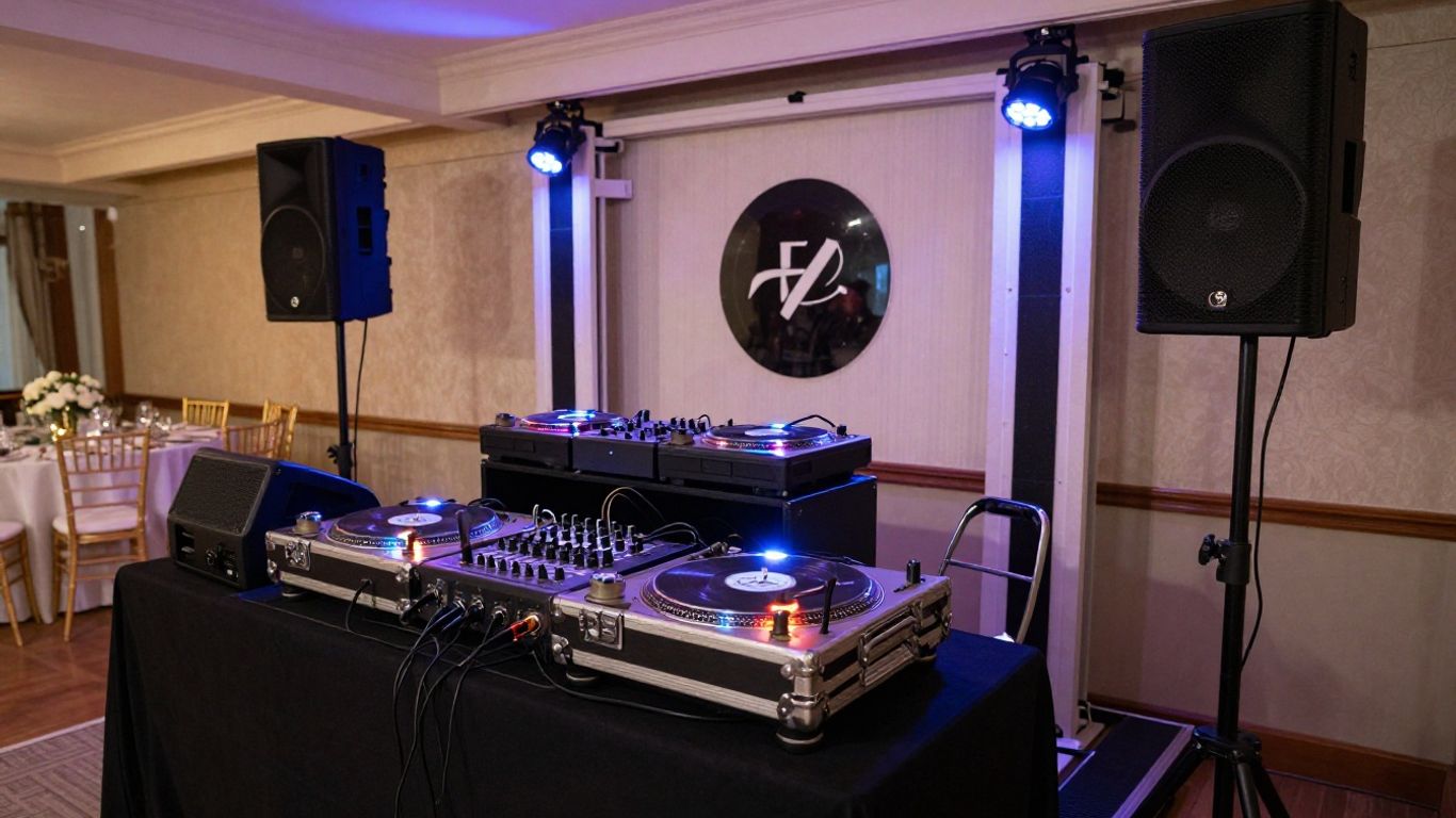 Wedding DJ setup with turntables, mixer, and speakers.