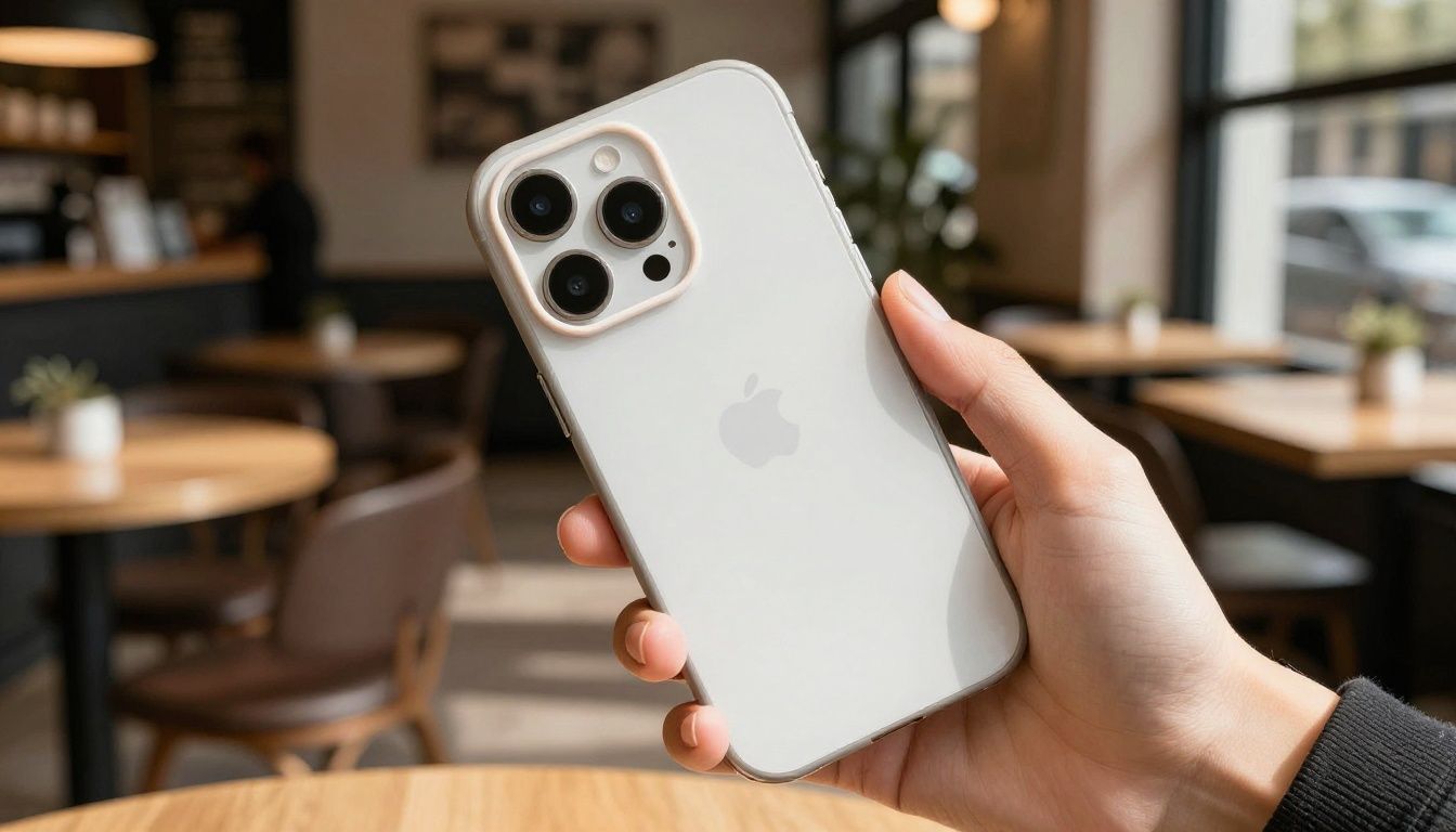 A person using their iPhone 15 with a stylish case at a sunny cafe in Melbourne