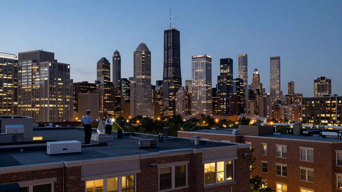 Chicago skyline with a rooftop in the foreground.