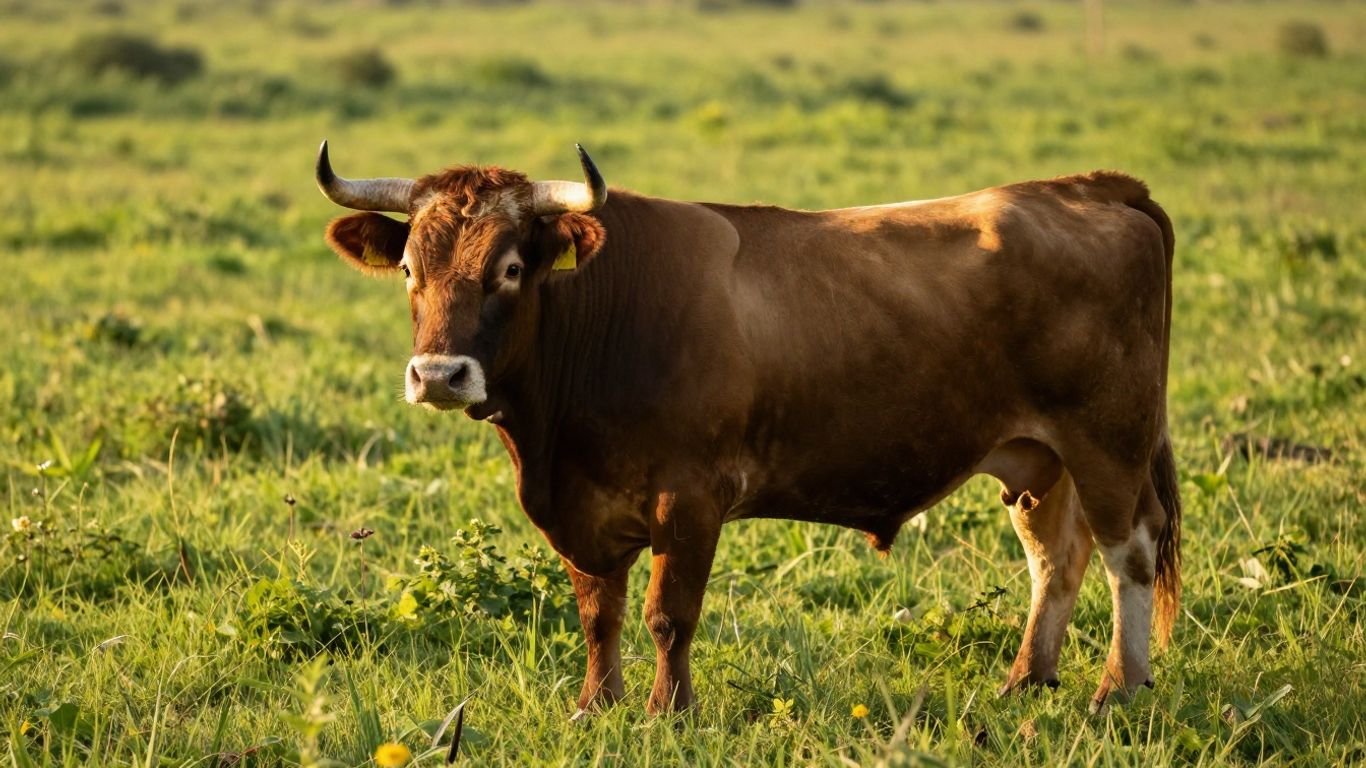 A calm bull grazing in a sunny field