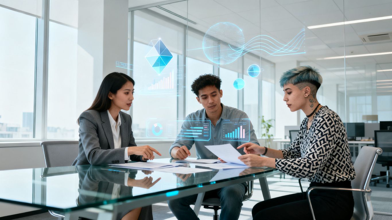 Business professionals collaborating with futuristic technology.