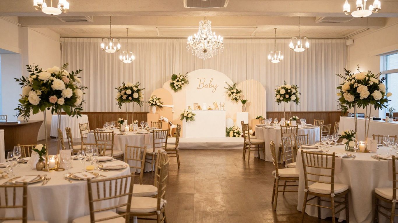 Elegant baby shower venue in Dallas with floral decor.