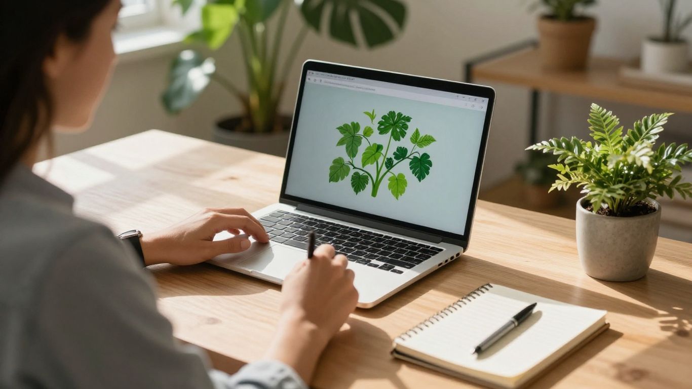 Person working on laptop at desk with plants.