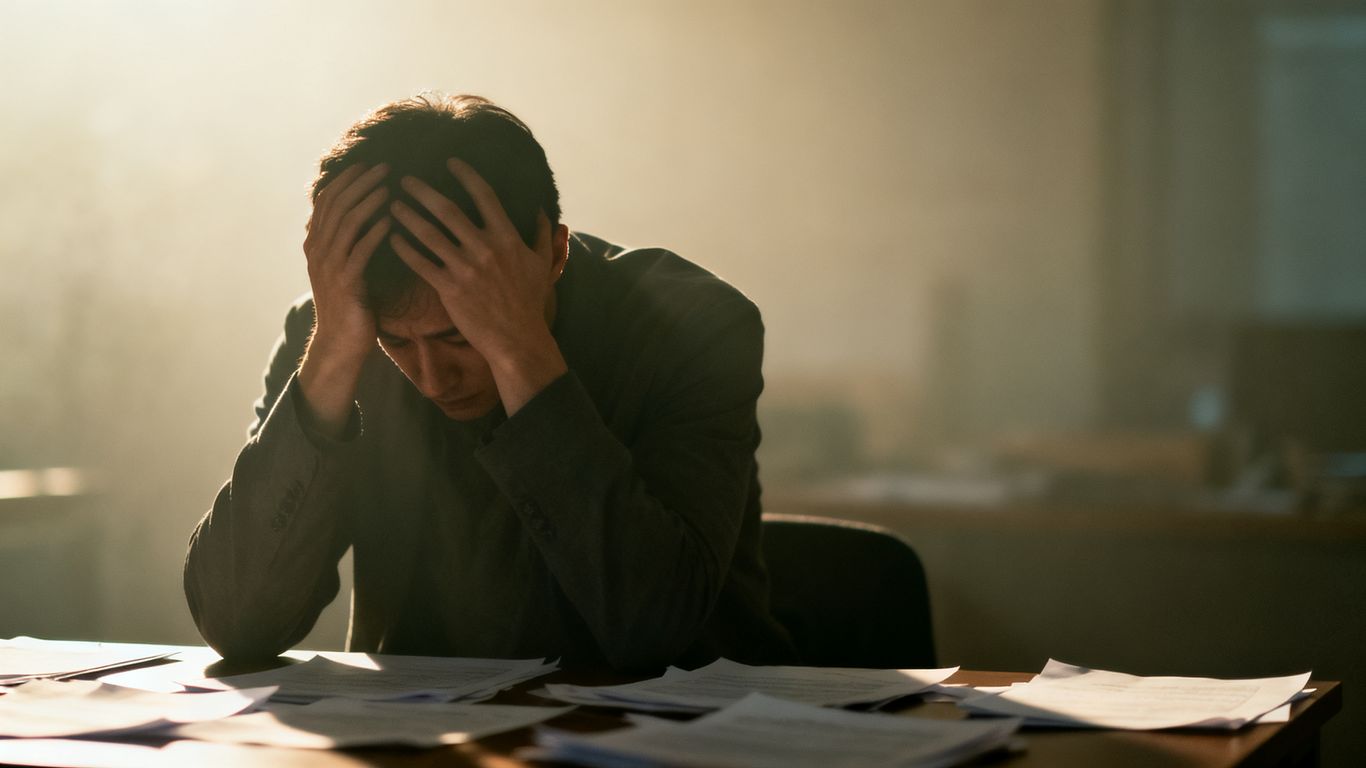 Person overwhelmed at desk, feeling burnout or stress.