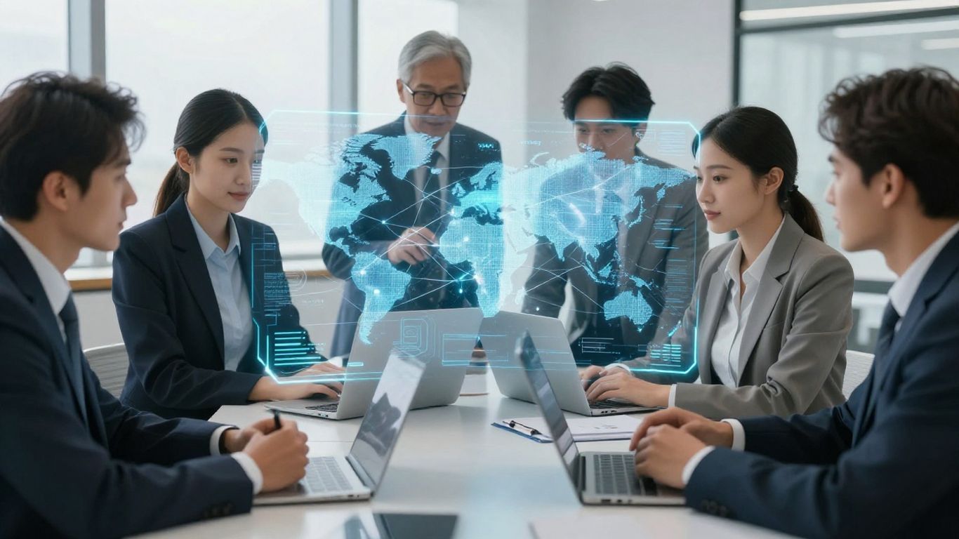 Business professionals interacting with futuristic holographic data.