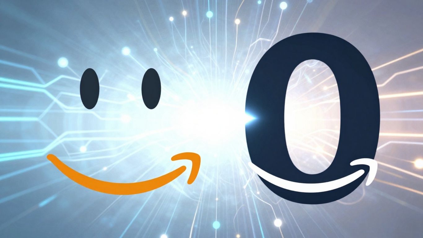 Amazon and OpenAI logos merging with abstract AI elements.