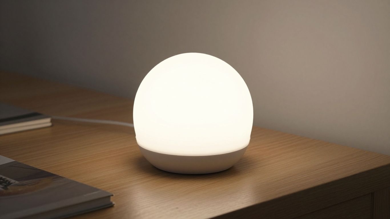 Eine helle Tageslichtlampe steht auf einem minimalistischen Holztisch