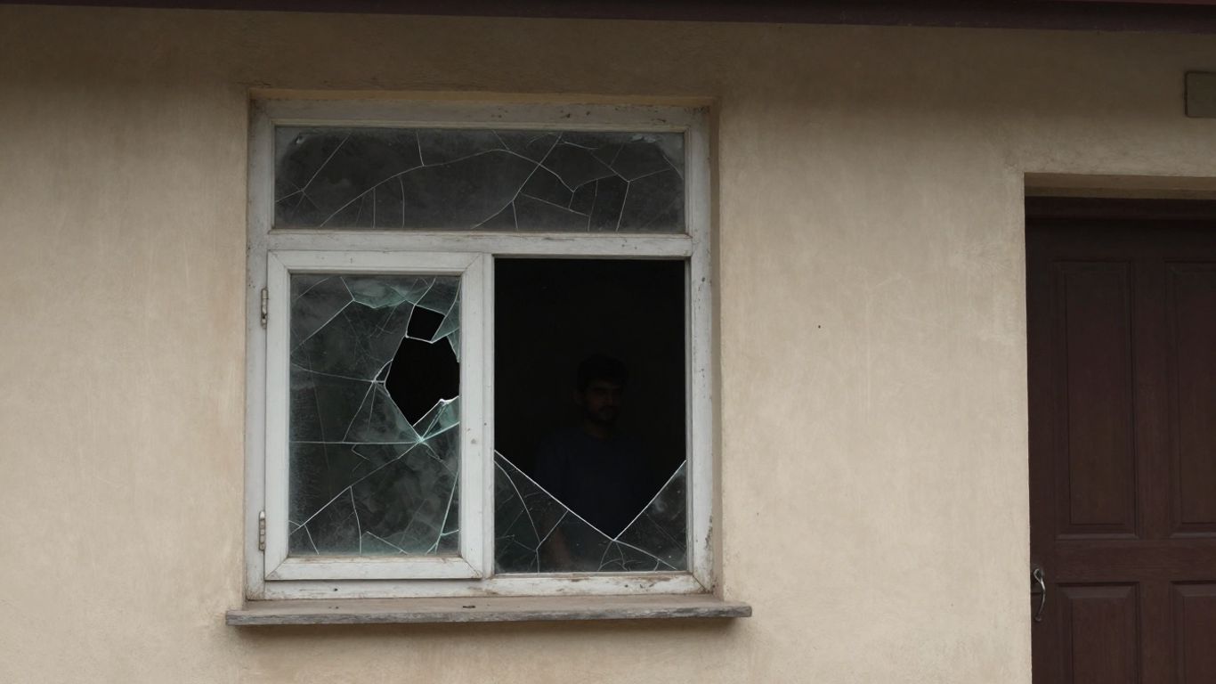 Casa con ventana rota por robo.