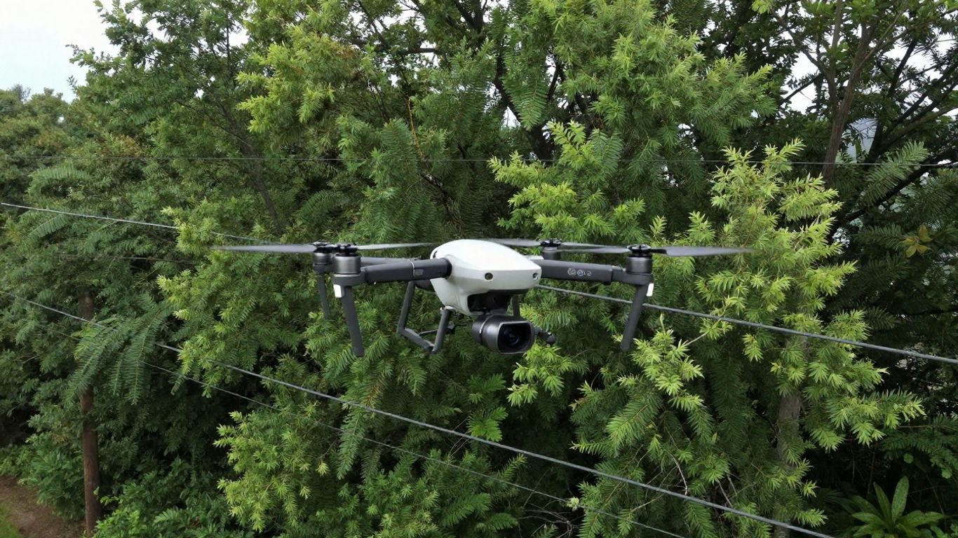 Drone inspecting vegetation near power lines