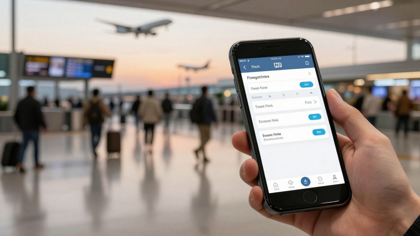 A traveler uses a digital interface to book tickets