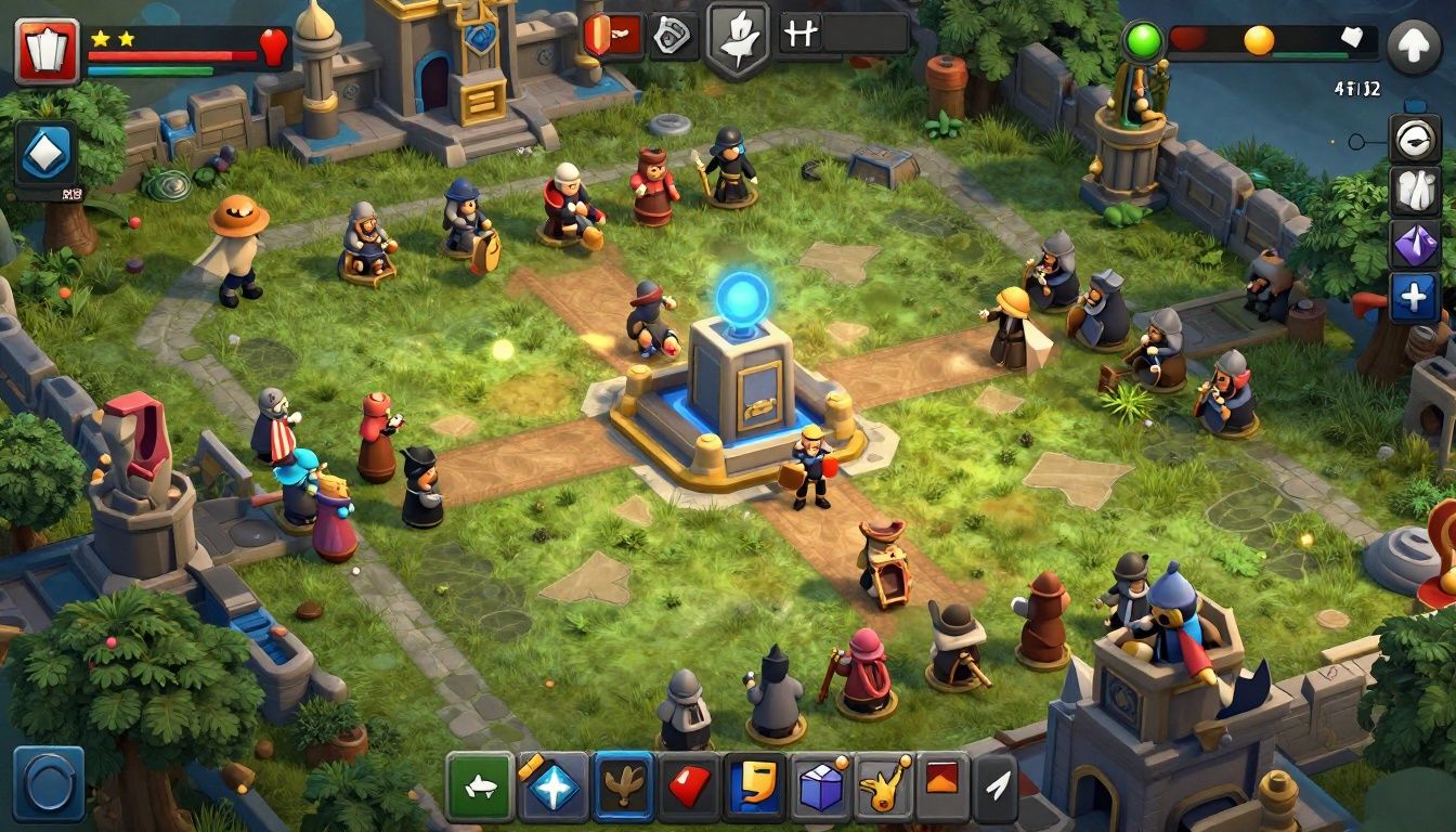 Batalha de Clash Royale com tropas avançando pela arena e torres sob pressão, destacando posicionamento estratégico e gerenciamento de elixir