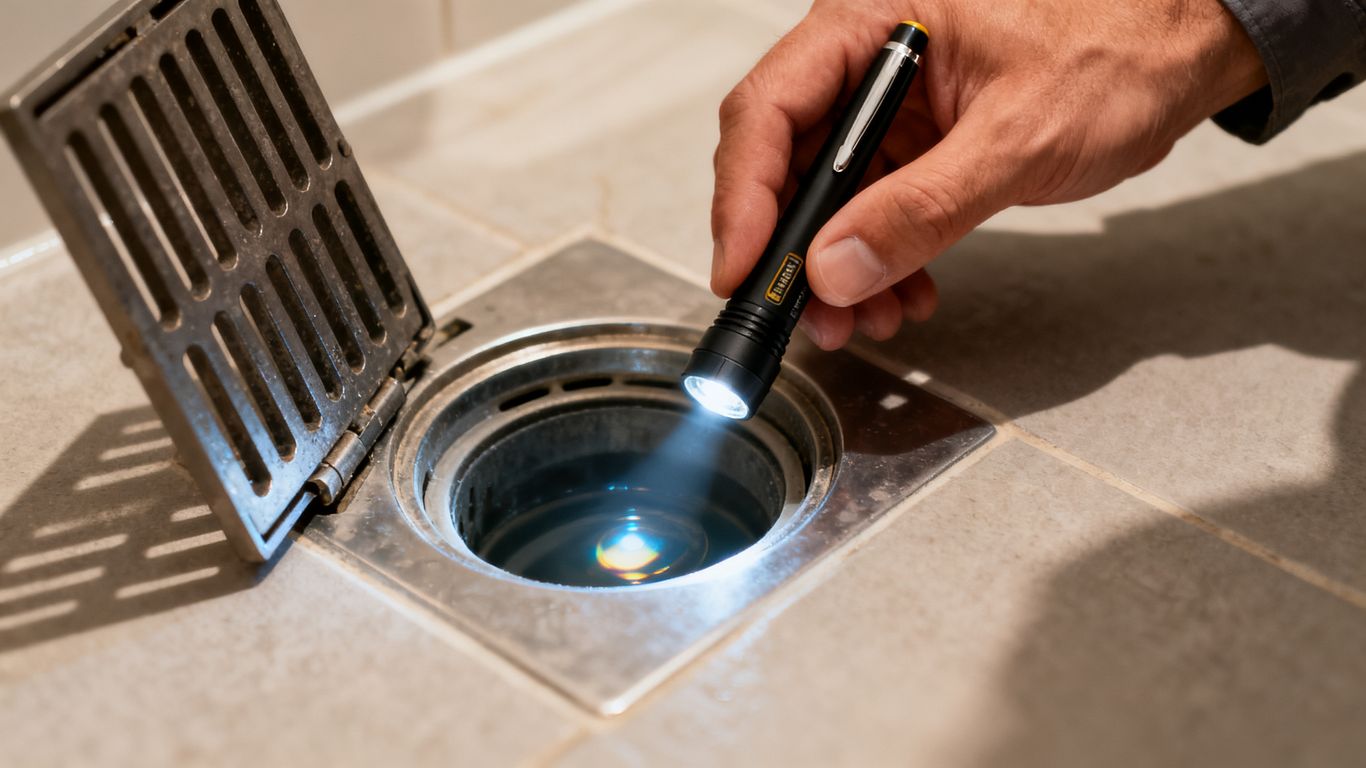 A man inspecting a clogged shower drain with flashlight