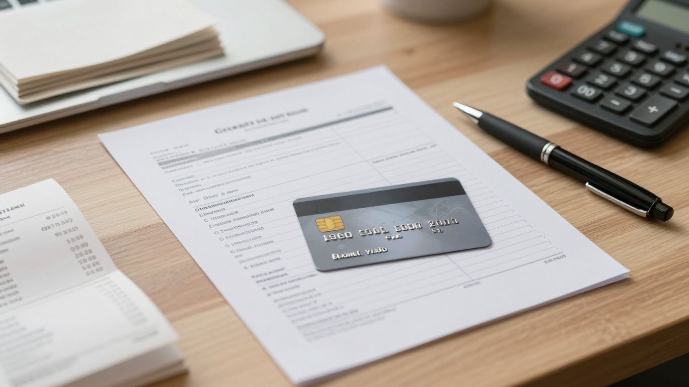 Credit card statement beside a calculator and pen