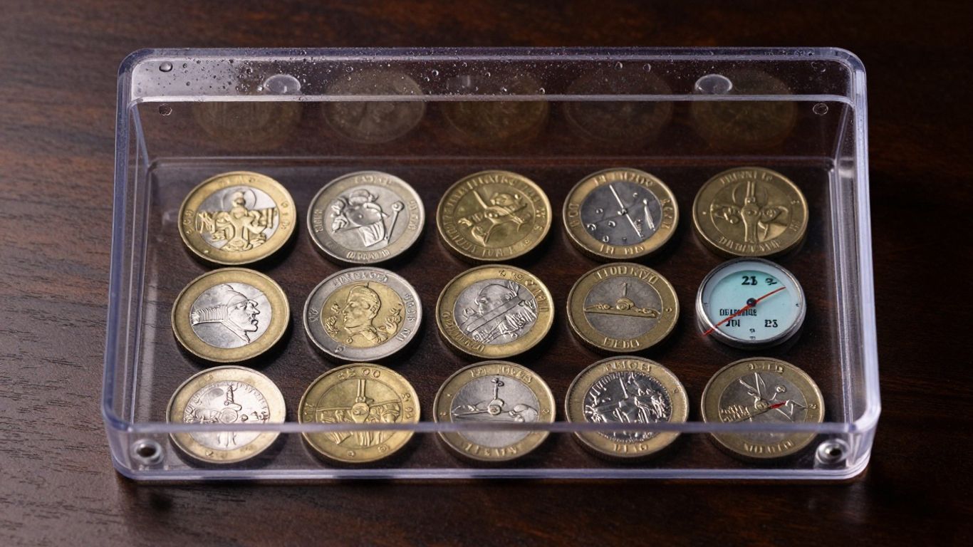 Coins in airtight container with hygrometer, preventing moisture damage.