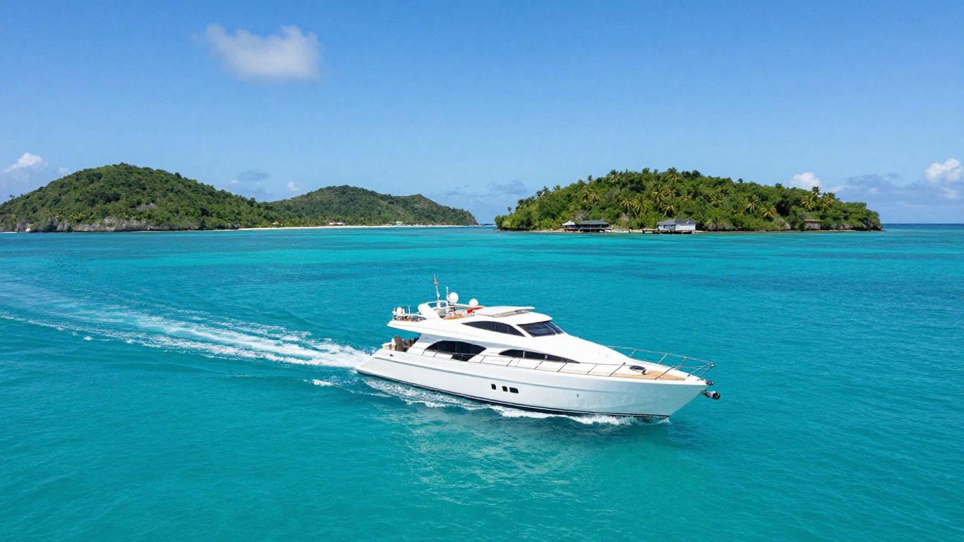 Sailing yacht on turquoise water near tropical islands.