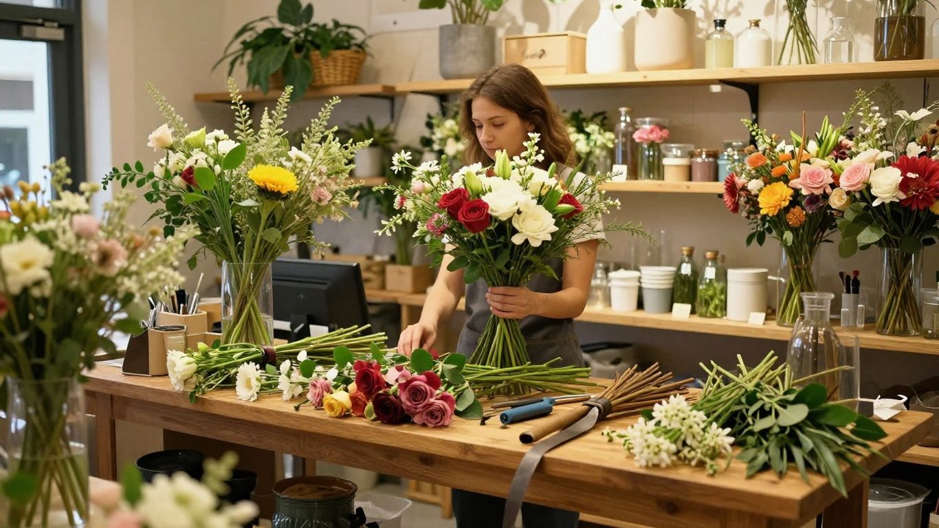 A florist preparing a custom bouquet