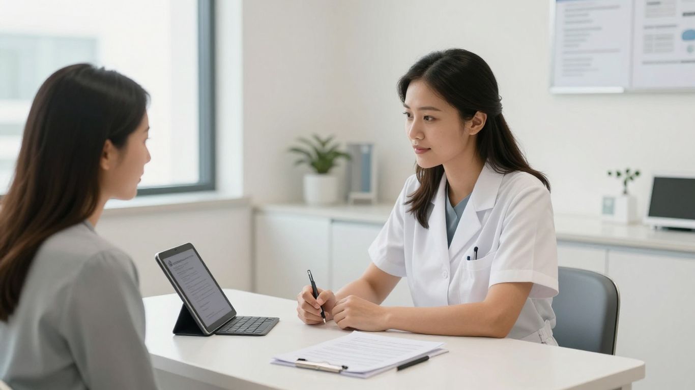 Patient receiving calm, professional dermatology consultation