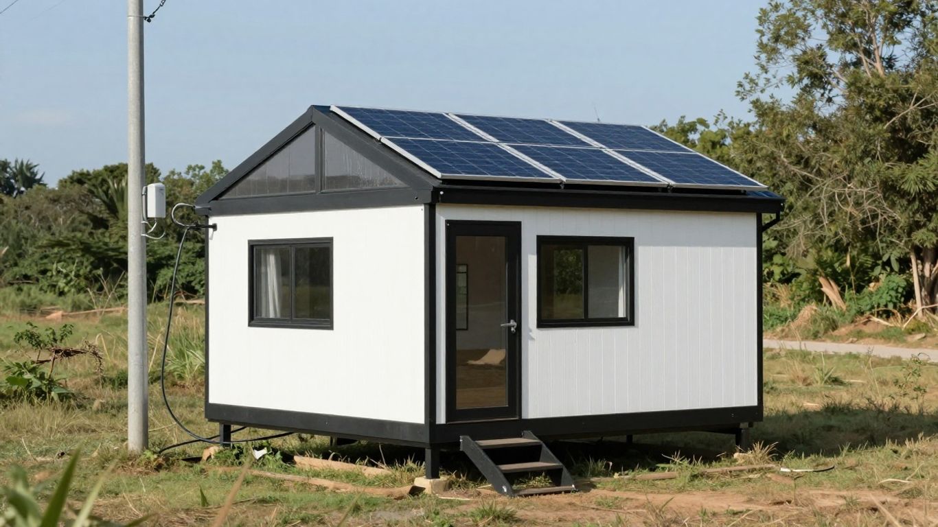 Tiny home with solar panels and electrical hookup.