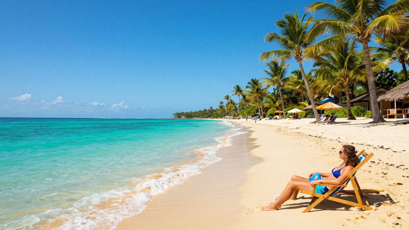 Beach scene with palm trees and relaxing couple.