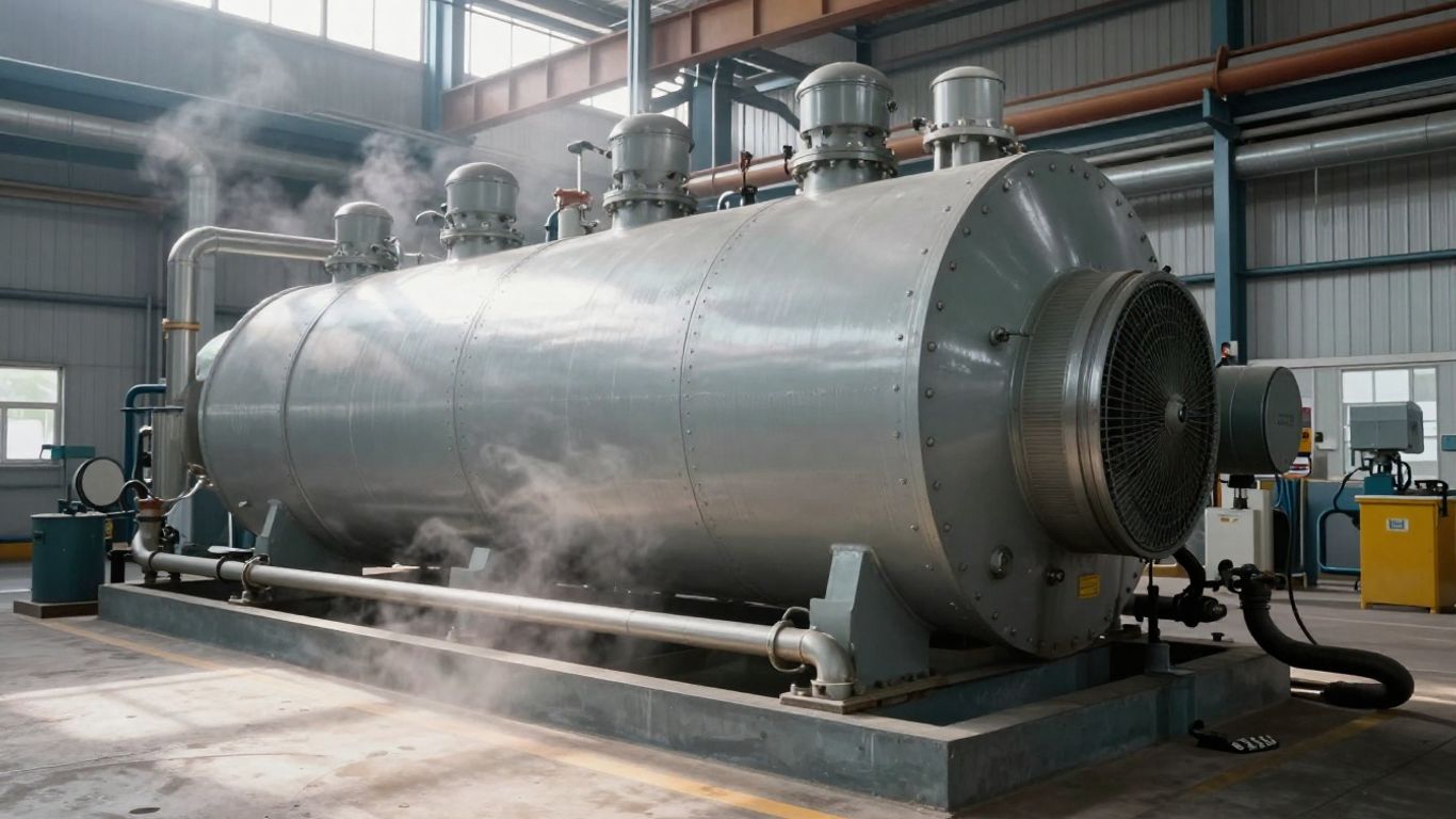 Industrial heat pump unit in a factory setting.