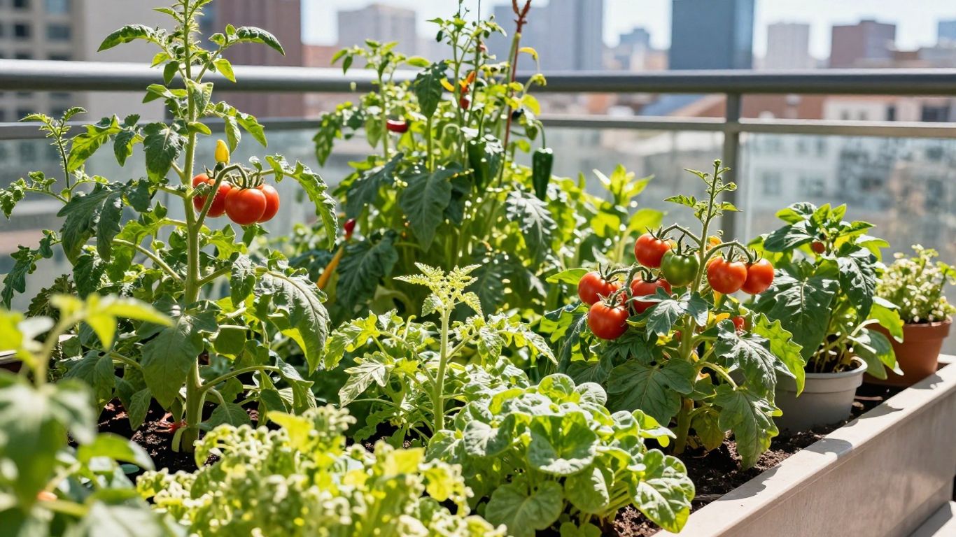 Robuste Gemüsesorten im sonnigen Stadtgarten auf einem Balkon.