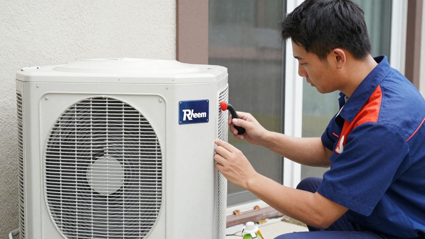 Rheem air conditioner repair technician at a home.